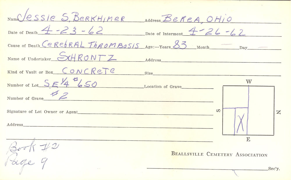Jessie Berkhimer  burial card